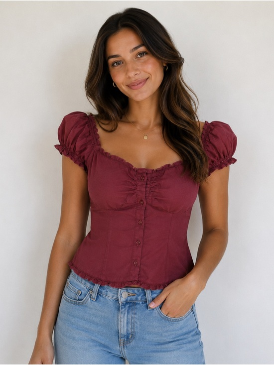Hollister Tops - Hollister Burgundy Off-Shoulder Button Front Top